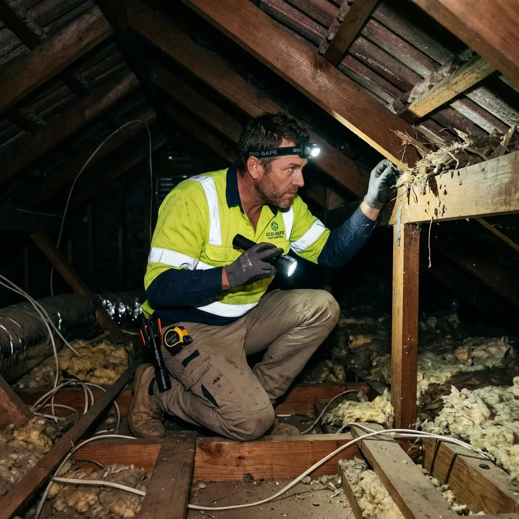 Technician locating dead rodents inside a Lake Gardens wall cavity with detection equipment