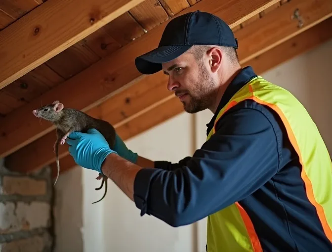 Technician inspecting a roof cavity for a dead rat in Lake Gardens
